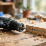 A bright home workshop scene on a pine workbench