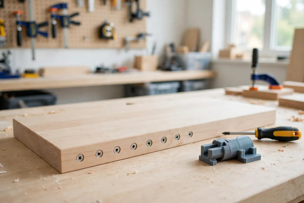 A finished wooden shelf board with a neat row of flush screws along its edge