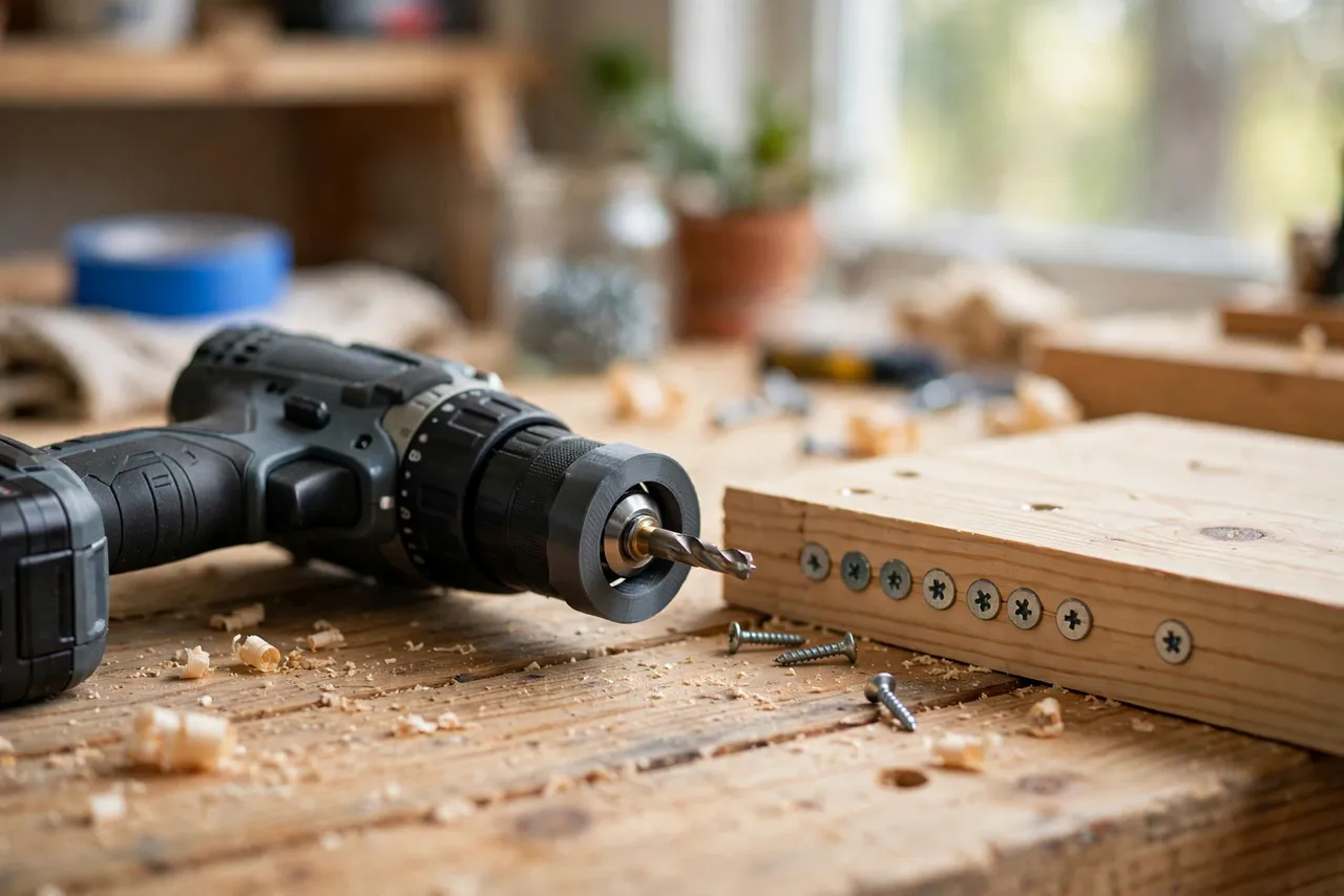 A bright home workshop scene on a pine workbench