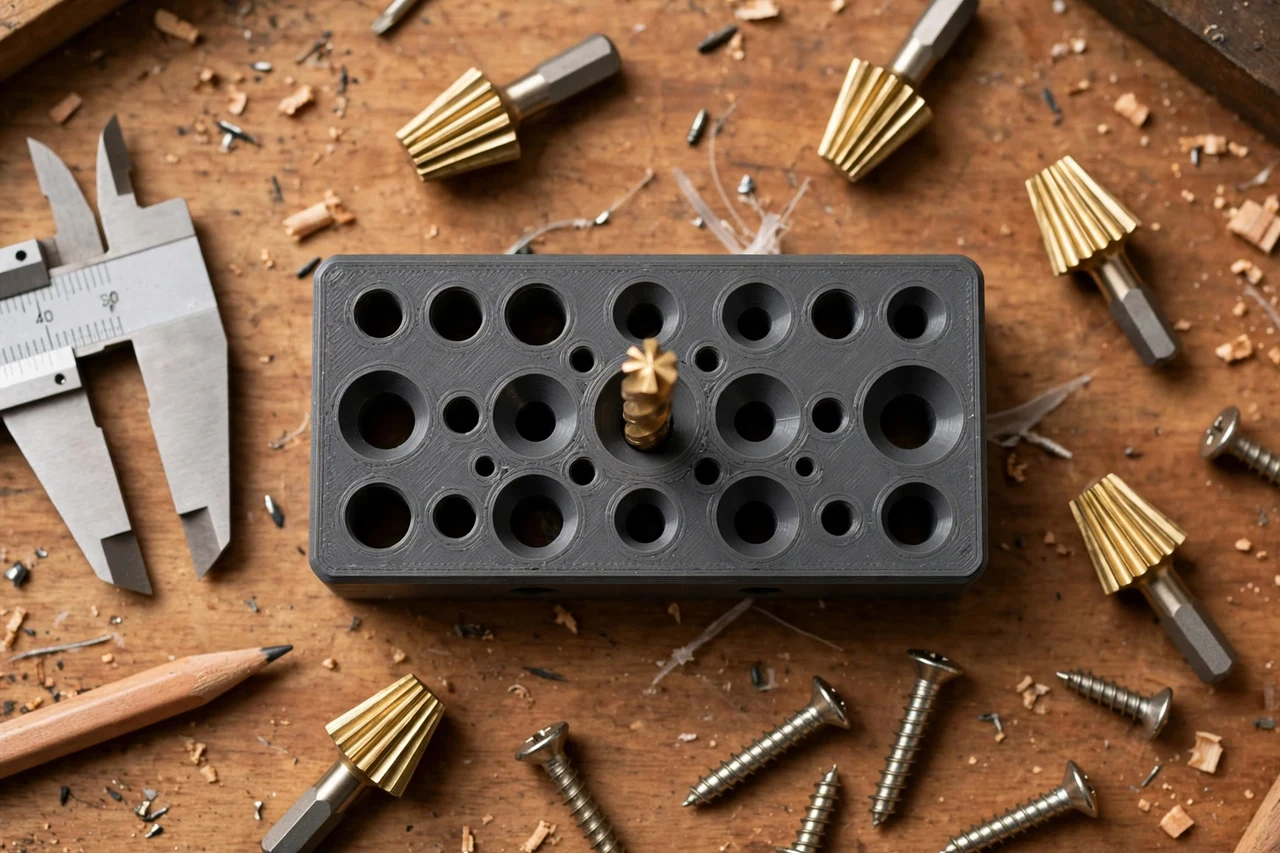 Close-up top-down view of a matte charcoal-gray 3D printed countersink depth setting gauge being test-fitted against countersink bits and screw heads on a workbench, calipers and a pencil nearby, warm workshop lighting