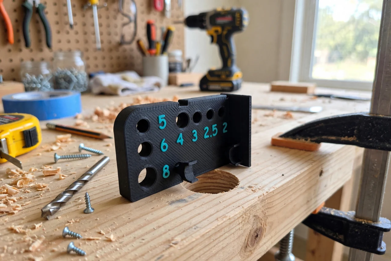 View of the finished 3D printed countersink depth setting gauge in use on a home repair project on a workbench, tidy workshop background in soft focus, bright natural light
