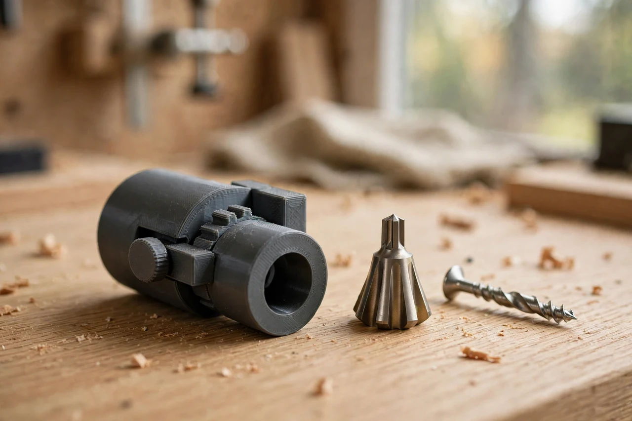 Home workshop scene on a light oak workbench, a matte charcoal-gray 3D printed countersink depth setting gauge beside a countersink bit and a screw, soft natural window light, shallow depth of field