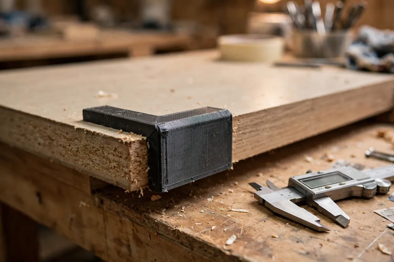 Close-up view of a 3D printed countertop edge protector being test-fitted over a countertop edge profile on a workbench