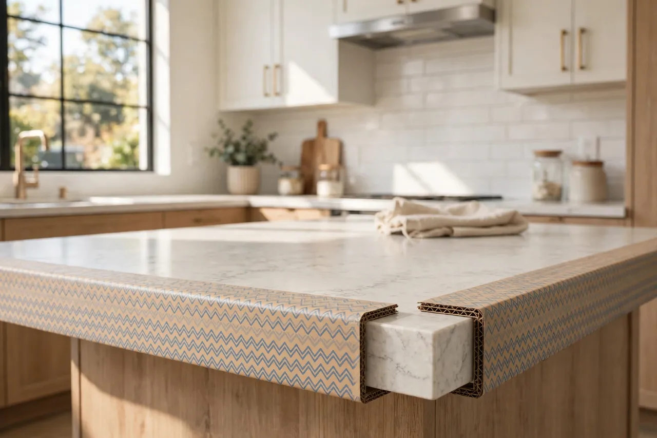 A finished kitchen countertop with printed edge protectors along its exposed edges, a tidy kitchen beyond, bright natural light