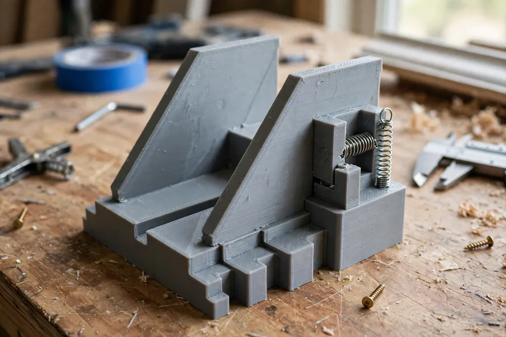 Close-up of a 3D printed crown molding jig on a workbench showing its two angled cradle faces