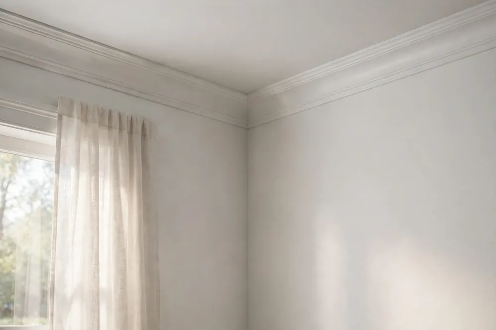 A finished room corner where two runs of crown molding meet in a tight, seamless inside corner near the ceiling, painted white