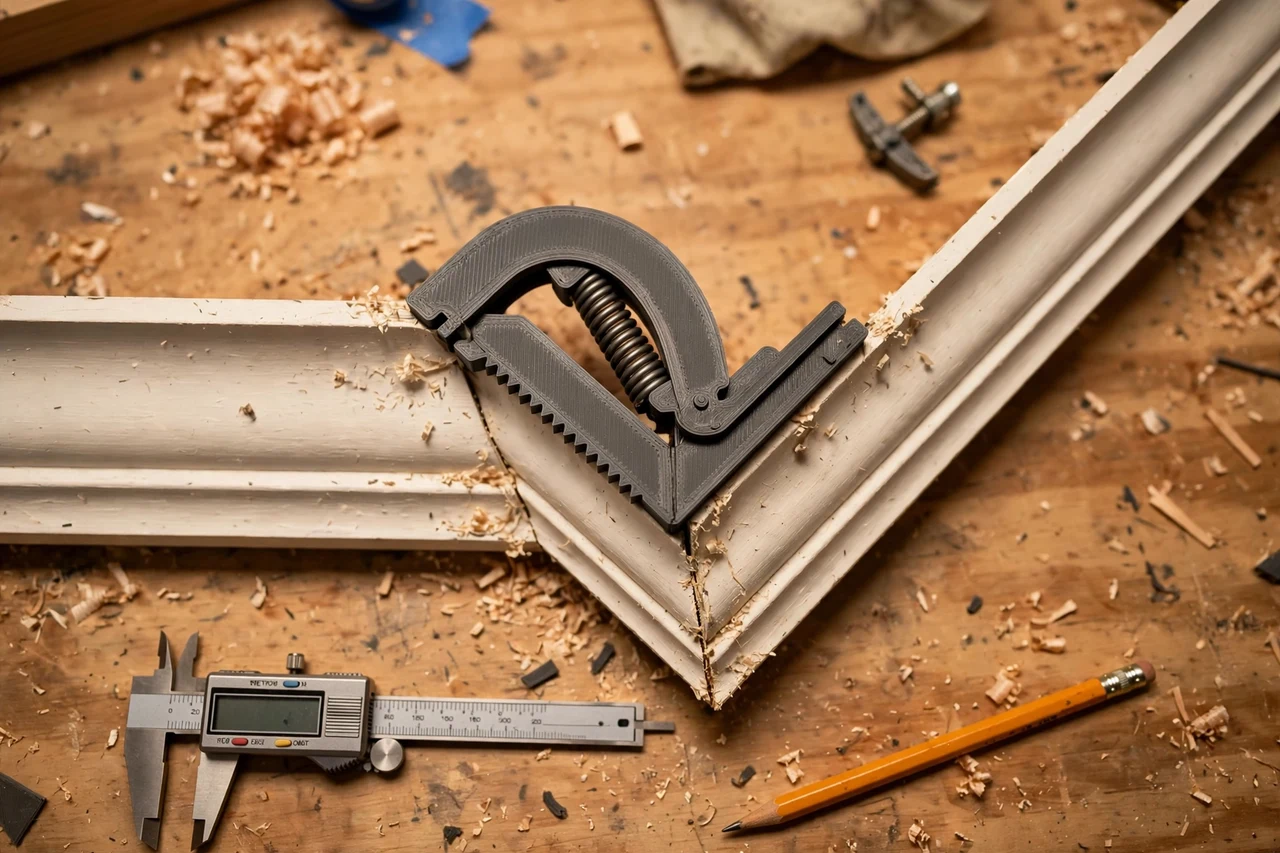 Close-up top-down view of a matte charcoal-gray 3D printed crown molding spring angle gauge being test-fitted against crown molding lengths and ceiling corners on a workbench, calipers and a pencil nearby, warm workshop lighting