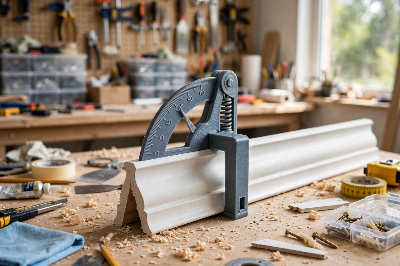 View of the finished 3D printed crown molding spring angle gauge in use on a home repair project on a workbench, tidy workshop background in soft focus, bright natural light