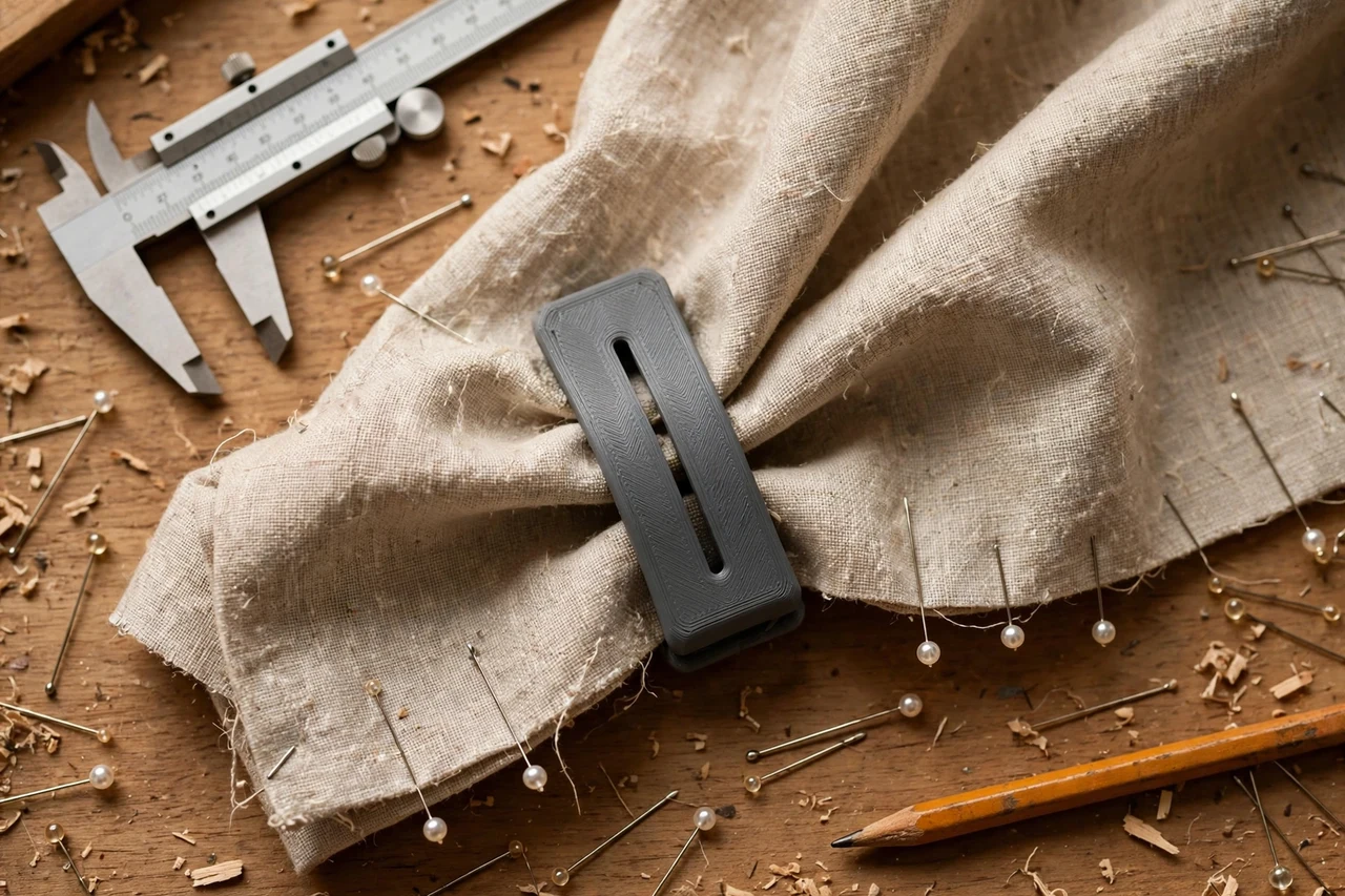 Close-up top-down view of a matte charcoal-gray 3D printed curtain hem marking clip being test-fitted against curtain fabric and dressmaking pins on a workbench, calipers and a pencil nearby, warm workshop lighting