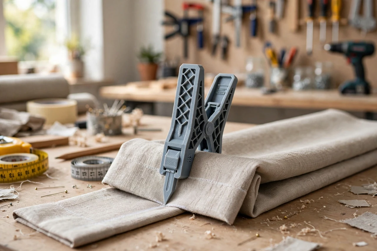View of the finished 3D printed curtain hem marking clip in use on a home improvement project on a workbench, tidy workshop background in soft focus, bright natural light