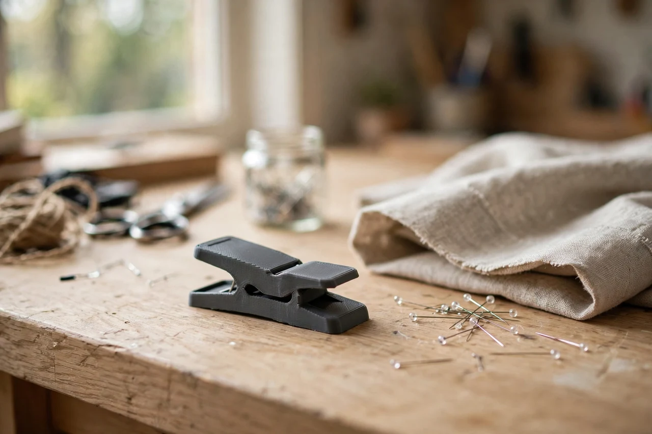 Home workshop scene on a light oak workbench, a matte charcoal-gray 3D printed curtain hem marking clip beside curtain fabric and pins, soft natural window light, shallow depth of field