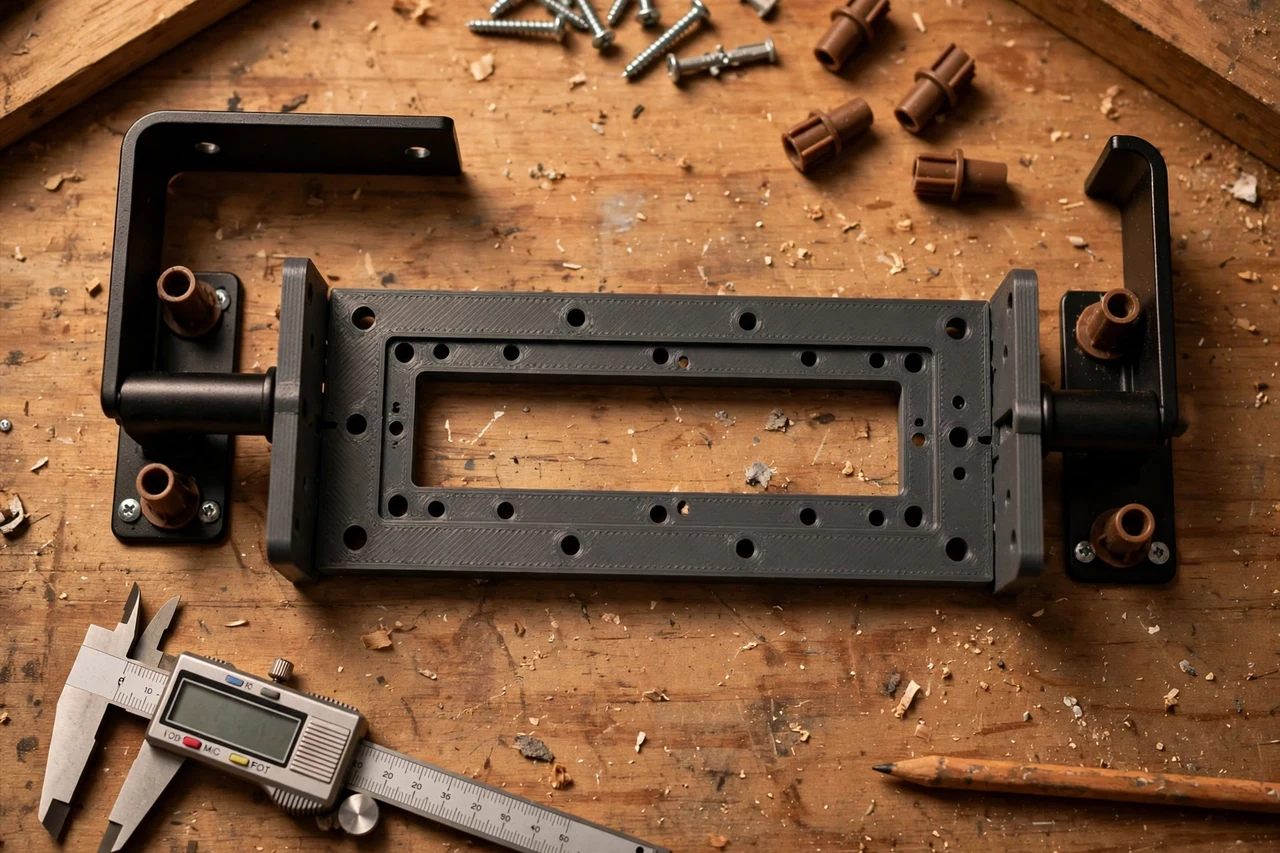 Close-up top-down view of a matte charcoal-gray 3D printed curtain rod bracket spacing template being test-fitted against curtain rod brackets and wall fixings on a workbench, calipers and a pencil nearby, warm workshop lighting