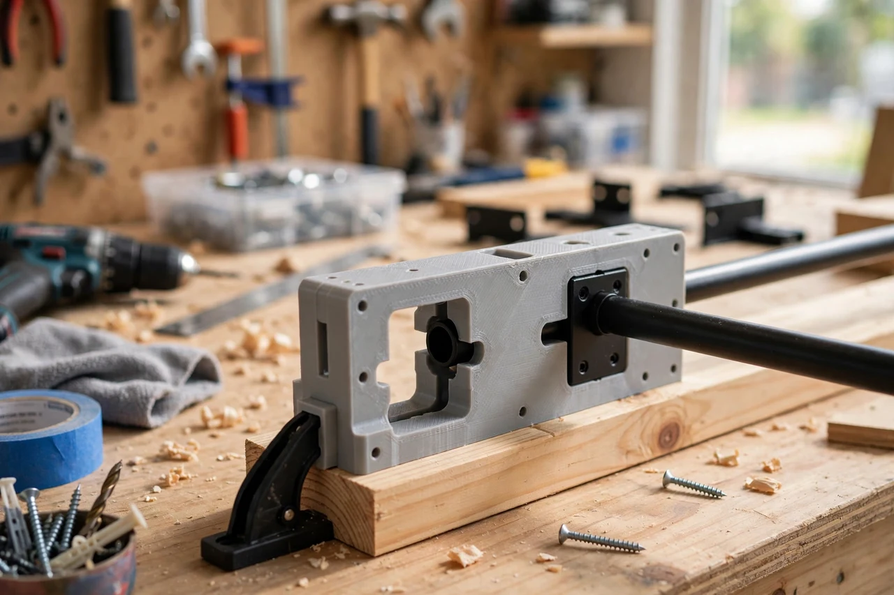 View of the finished 3D printed curtain rod bracket spacing template in use on a home repair project on a workbench, tidy workshop background in soft focus, bright natural light