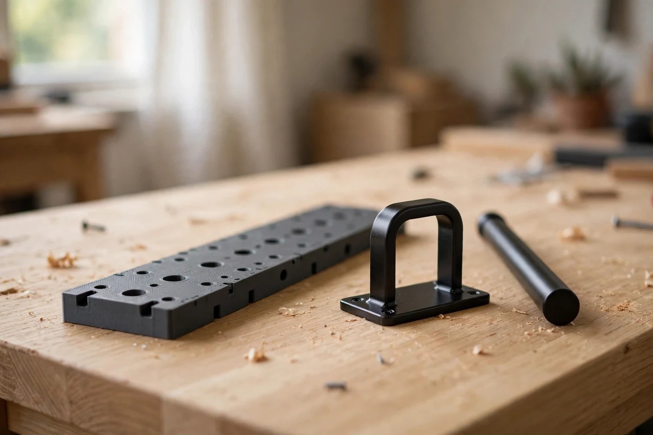 Home workshop scene on a light oak workbench, a matte charcoal-gray 3D printed curtain rod bracket spacing template beside a curtain rod bracket and a short curtain rod, soft natural window light, shallow depth of field
