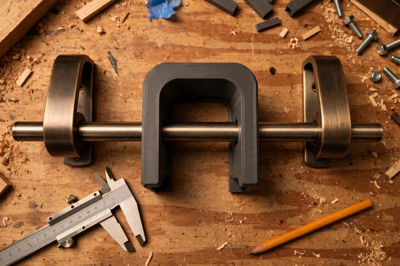 Close-up top-down view of a matte charcoal-gray 3D printed curtain rod bracket template being test-fitted against curtain rod brackets and a short length of rod on a workbench, calipers and a pencil nearby, warm workshop lighting