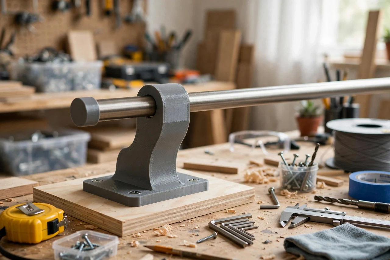 View of the finished 3D printed curtain rod bracket template in use on a home improvement project on a workbench, tidy workshop background in soft focus, bright natural light