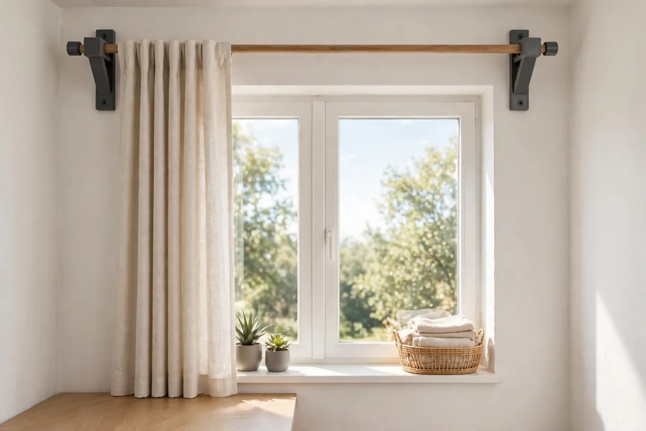A finished window with curtains hanging straight from a rod fitted through printed adapters, tidy room, bright light