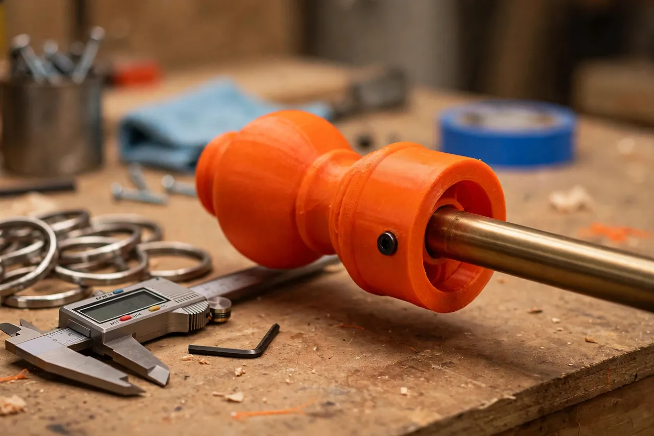 Close-up of a bright-orange 3D printed finial being pushed onto the end of a curtain rod on a workbench