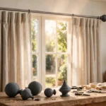 A bright living room scene with a plain metal curtain rod fitted with two matte charcoal-gray 3D printed ball finials