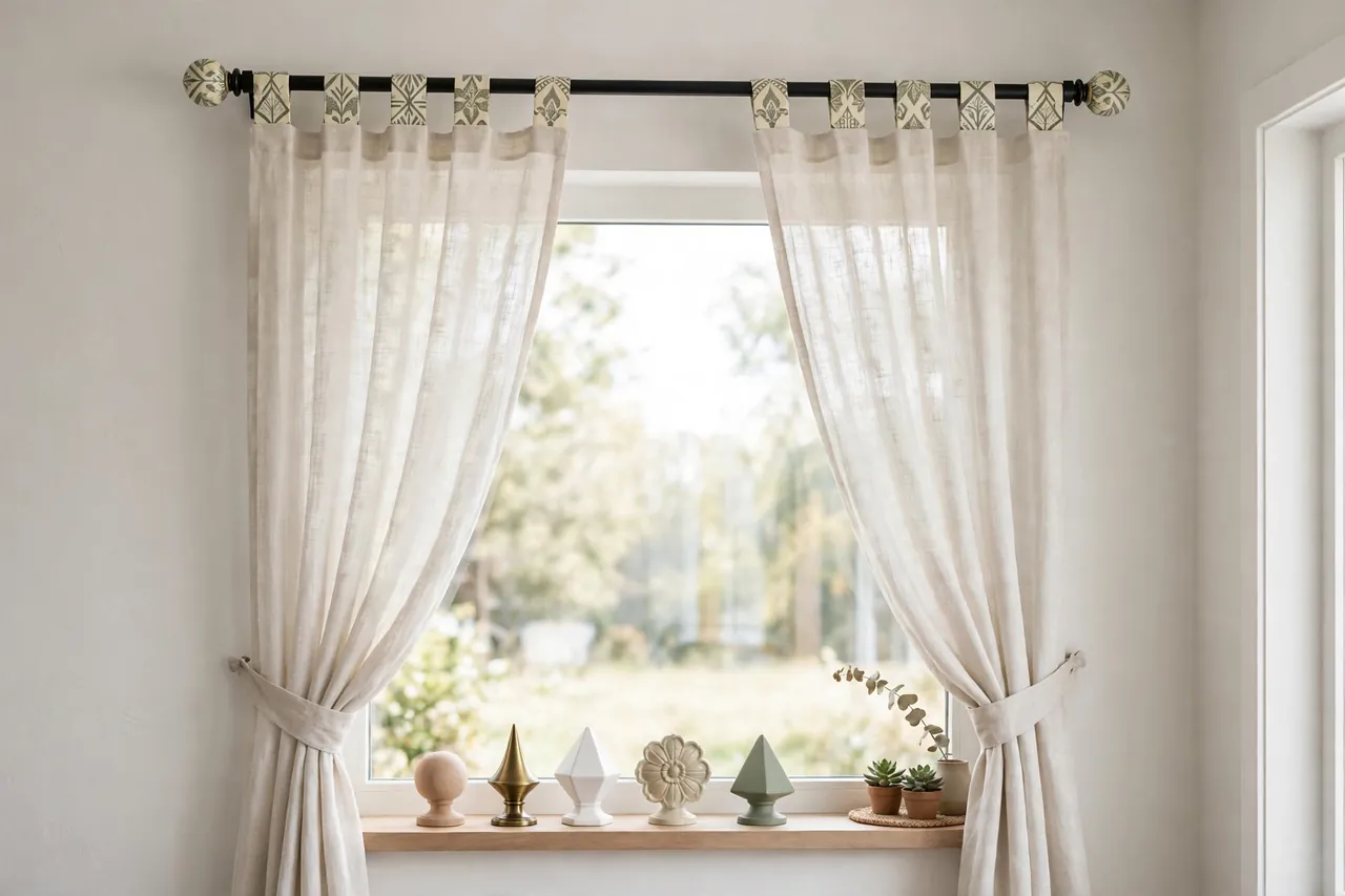 A finished window with matching printed finials at both ends of the rod, curtains drawn open