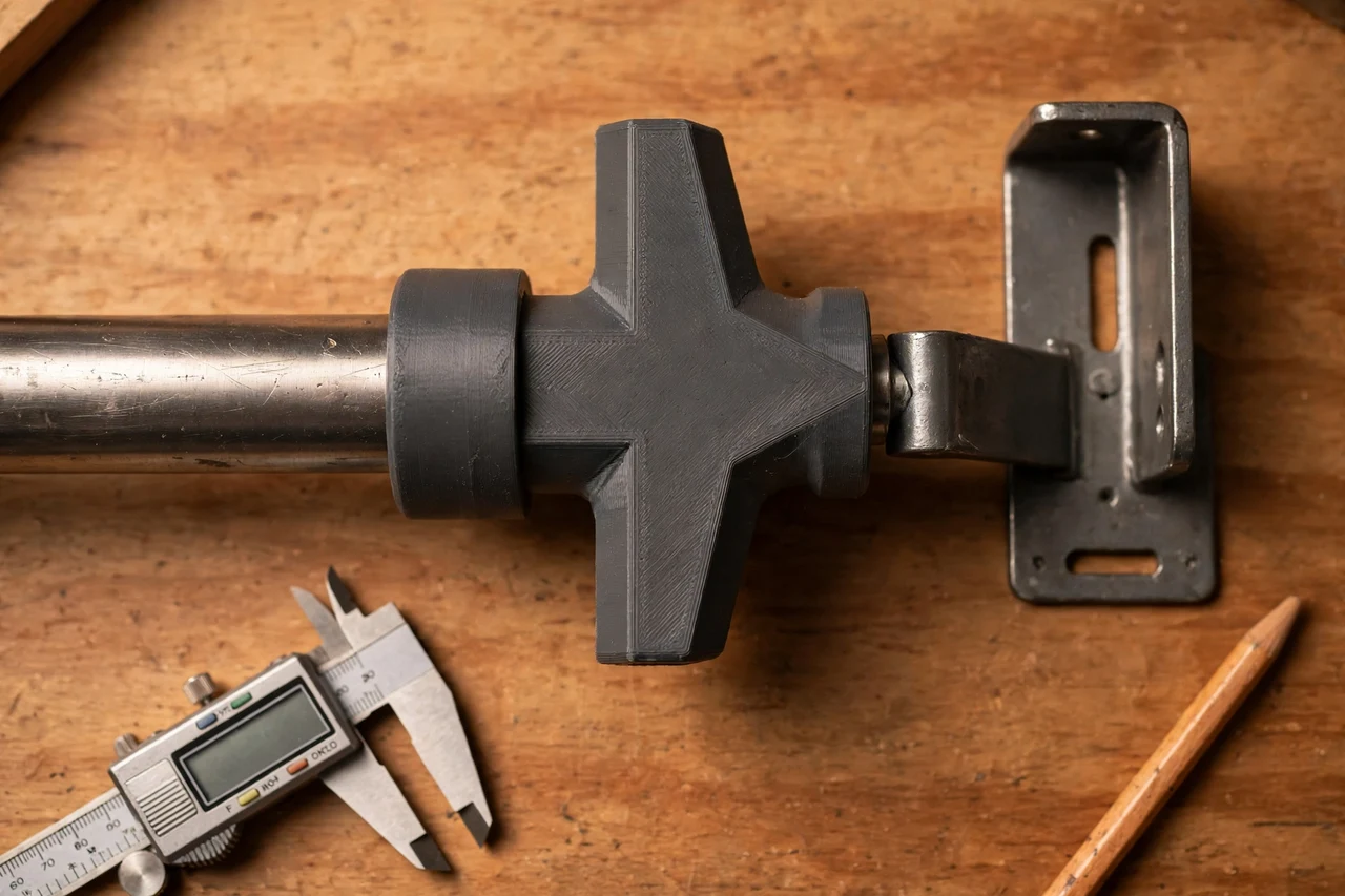 Close-up top-down view of a matte charcoal-gray 3D printed curtain rod to bracket adapter being test-fitted against a curtain rod and a wall bracket on a workbench, calipers and a pencil nearby, warm workshop lighting