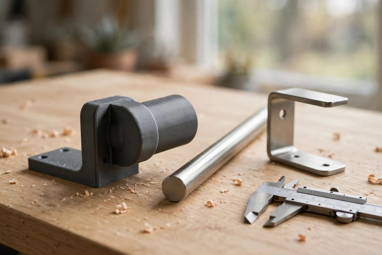 Home workshop scene on a light oak workbench, a matte charcoal-gray 3D printed curtain rod to bracket adapter beside a curtain rod and a wall bracket and a pair of calipers, soft natural window light, shallow depth of field