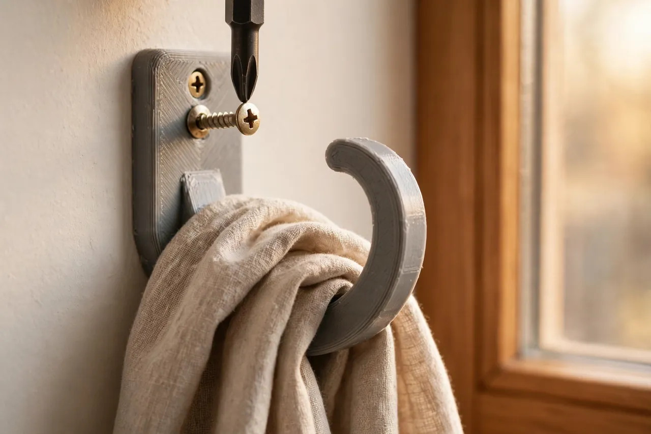 Close-up of a 3D printed curtain tieback hook being screwed to a painted wall plate beside a window frame
