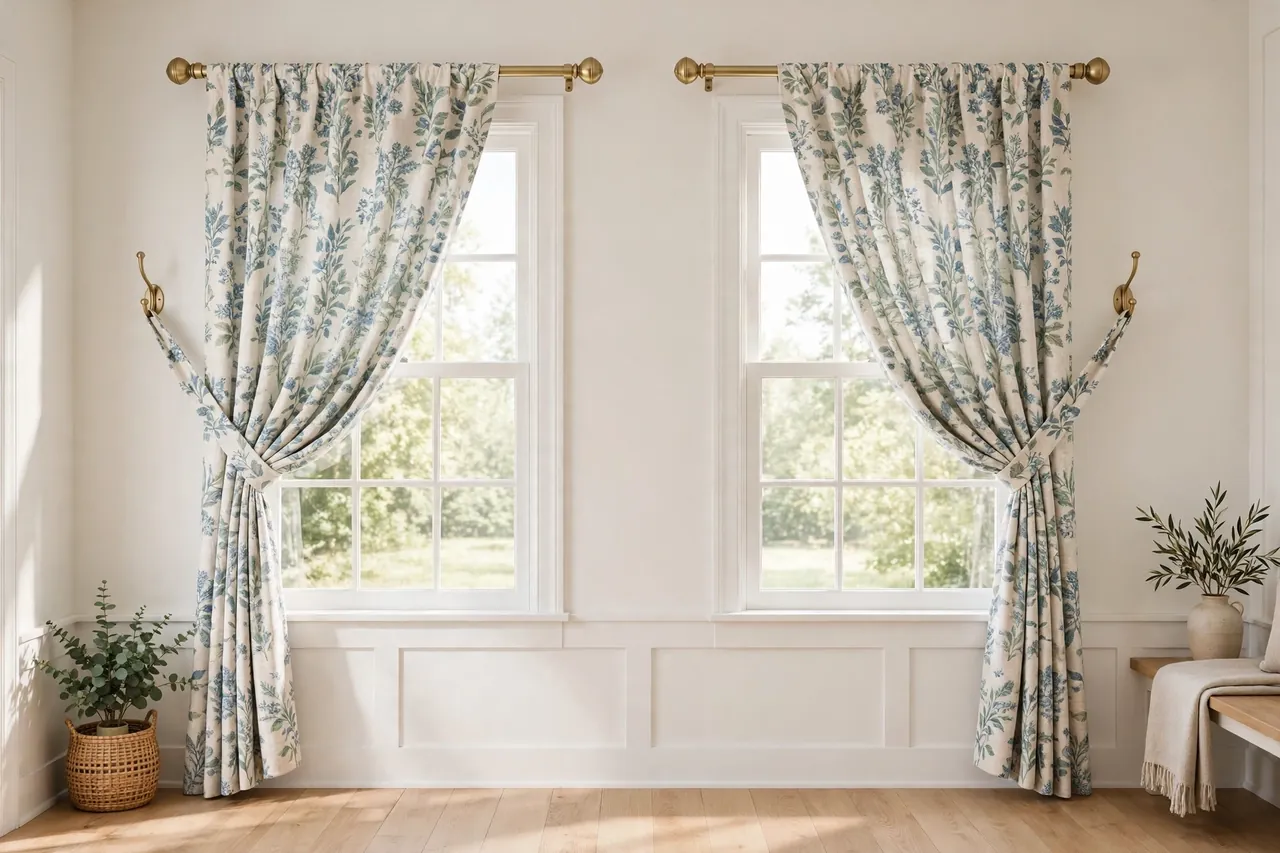 A finished pair of windows with matching printed tieback hooks holding both curtains in neat, even swags