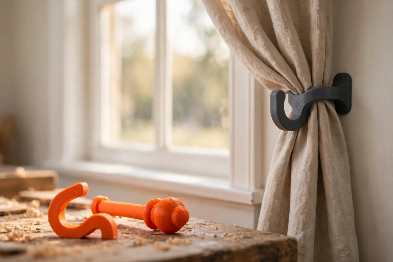 A bright living room window with a linen curtain swept back and held by a matte charcoal-gray 3D printed tieback hook mounted beside the frame