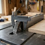 A bright home workshop scene with a table saw