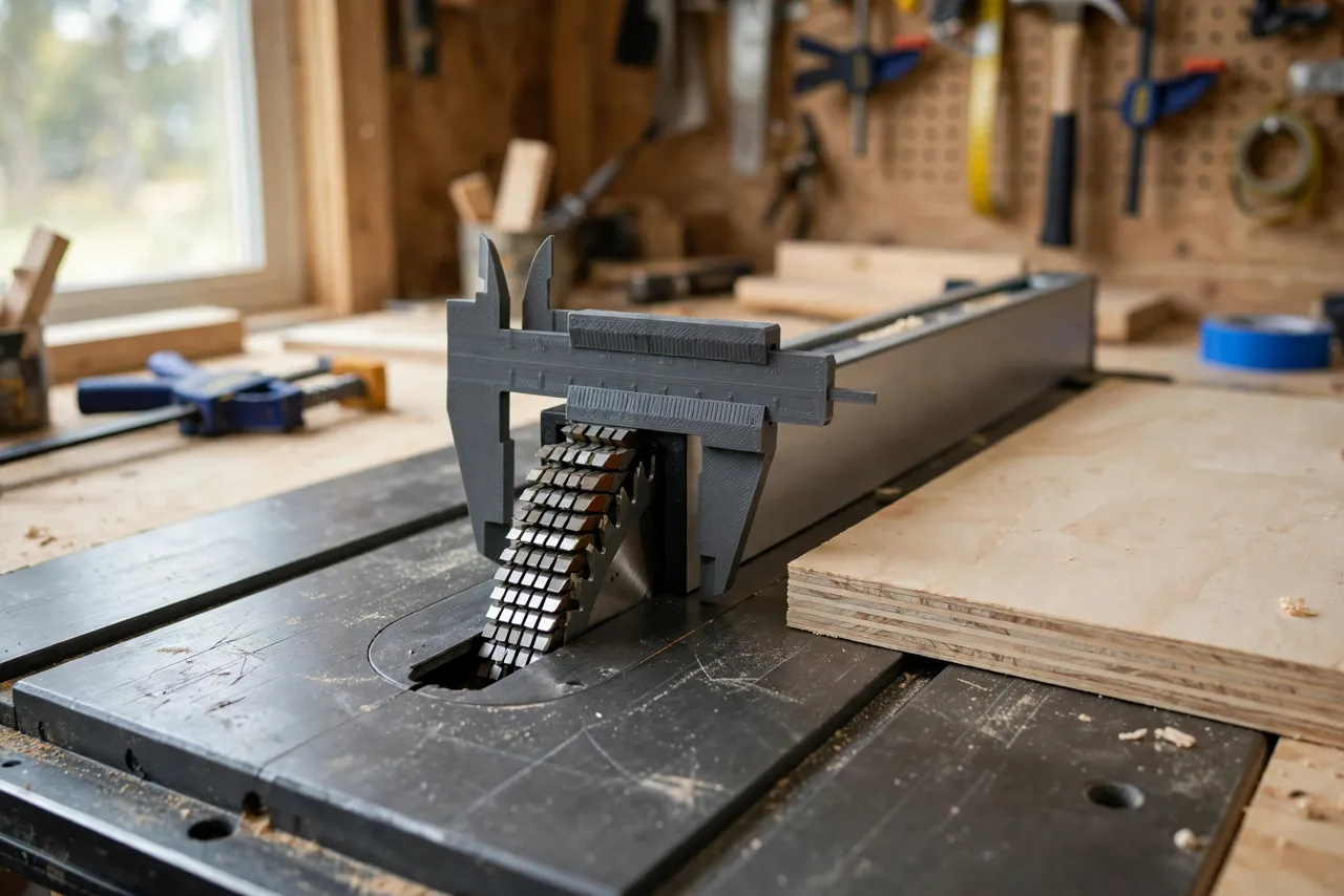 A bright home workshop scene with a table saw