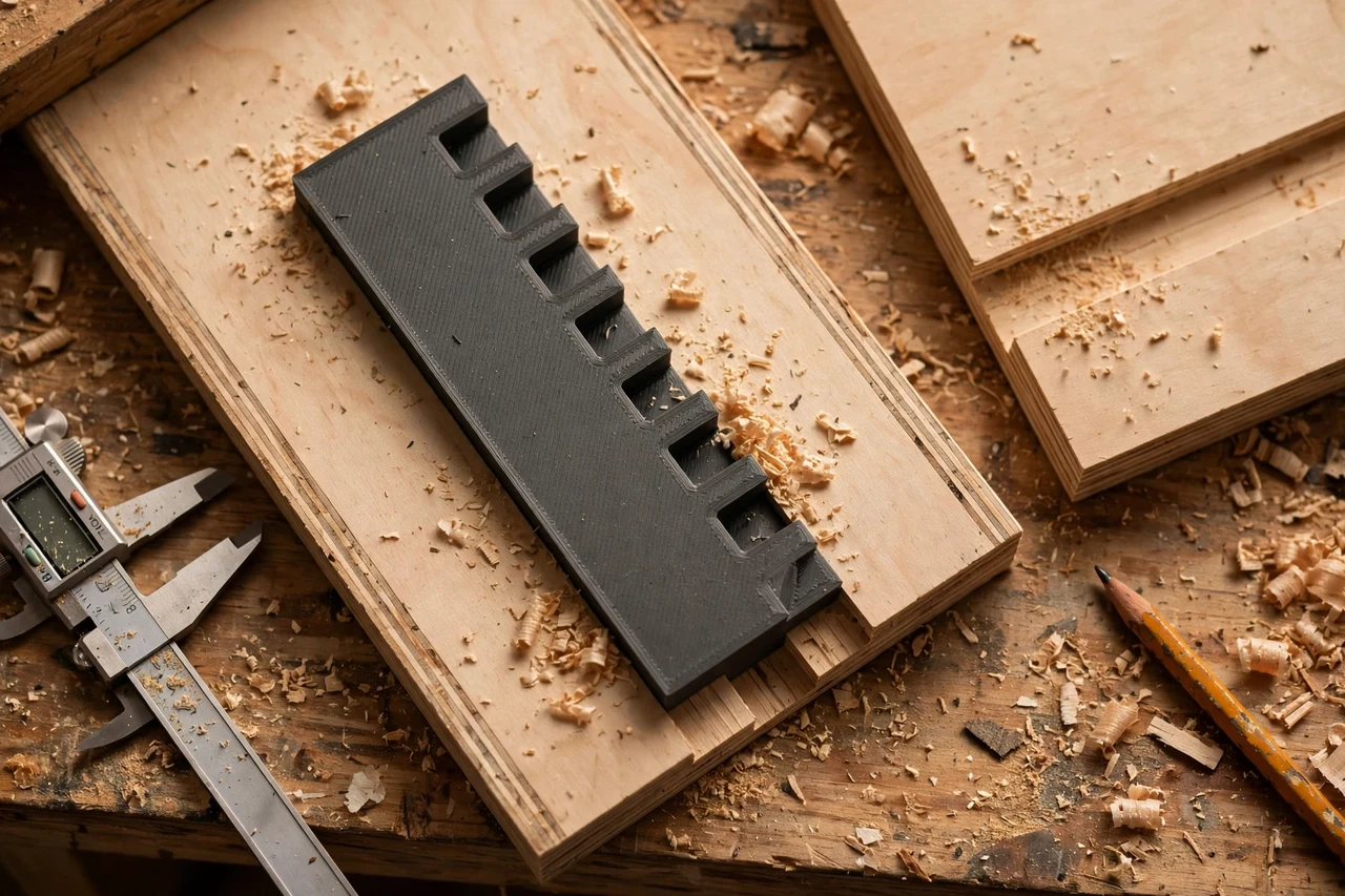 Close-up top-down view of a matte charcoal-gray 3D printed dado width measuring gauge being test-fitted against dado cuts and shelf boards on a workbench, calipers and a pencil nearby, warm workshop lighting