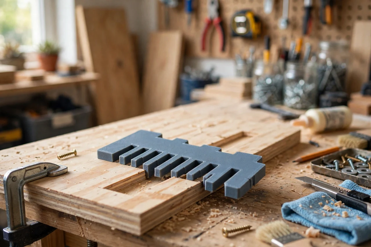 View of the finished 3D printed dado width measuring gauge in use on a home repair project on a workbench, tidy workshop background in soft focus, bright natural light