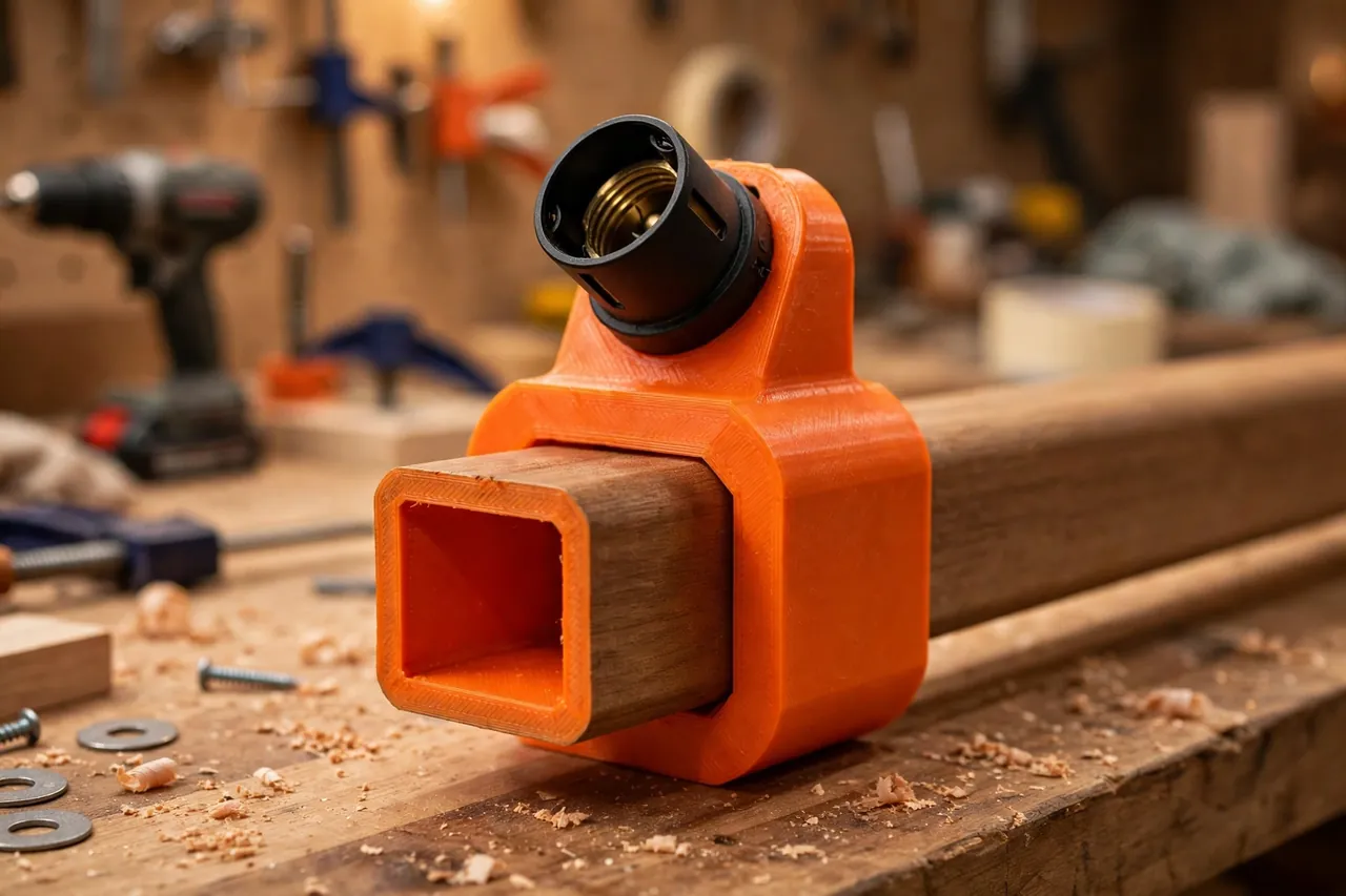 Close-up of a bright-orange 3D printed deck rail mount being clipped over the top of a wooden handrail on a workbench
