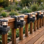 A bright deck scene with matte charcoal-gray 3D printed rail mounts clipped along a wooden deck railing