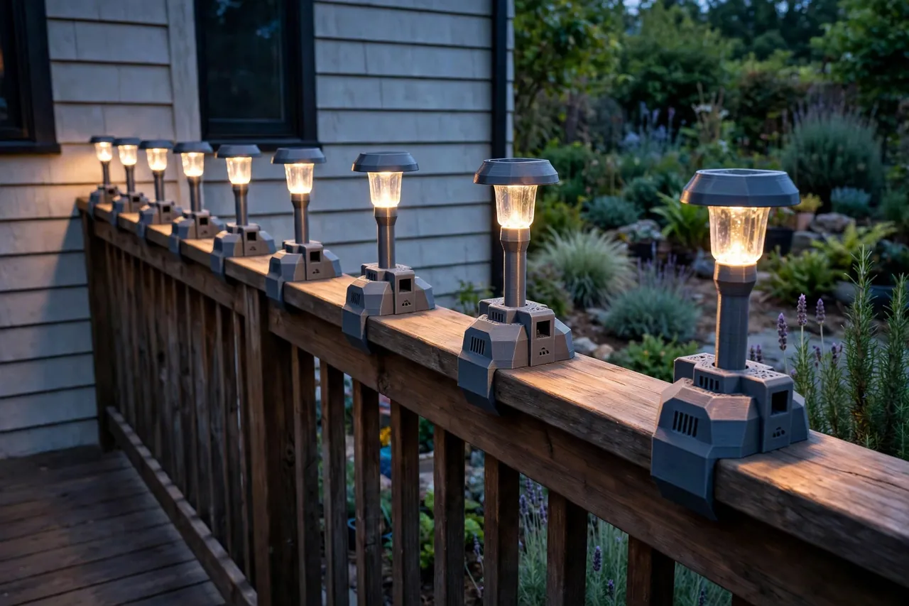 A finished deck railing at dusk lined with evenly spaced solar lights in printed mounts casting a soft glow along the deck edge