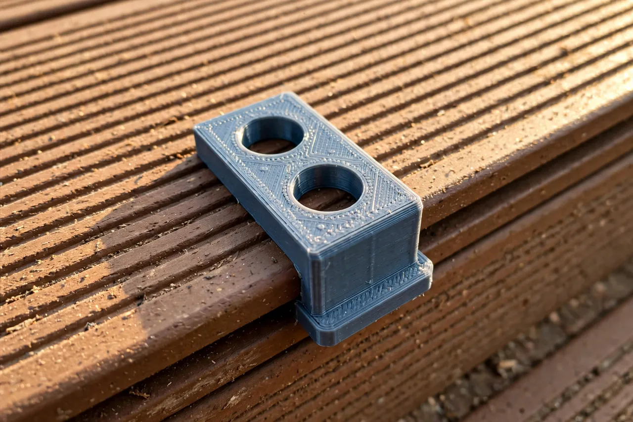Close-up view of a 3D printed spacing jig on a grooved deck board