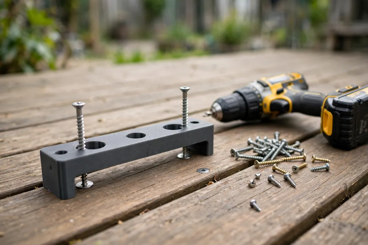A bright outdoor scene on a wooden deck, a matte charcoal-gray 3D printed deck screw spacing jig laid across a deck board with two screws driven
