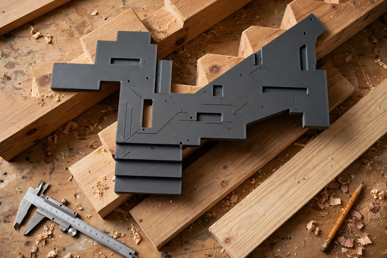 Close-up top-down view of a matte charcoal-gray 3D printed deck stair layout template being test-fitted against deck stair stringers and treads on a workbench, calipers and a pencil nearby, warm workshop lighting