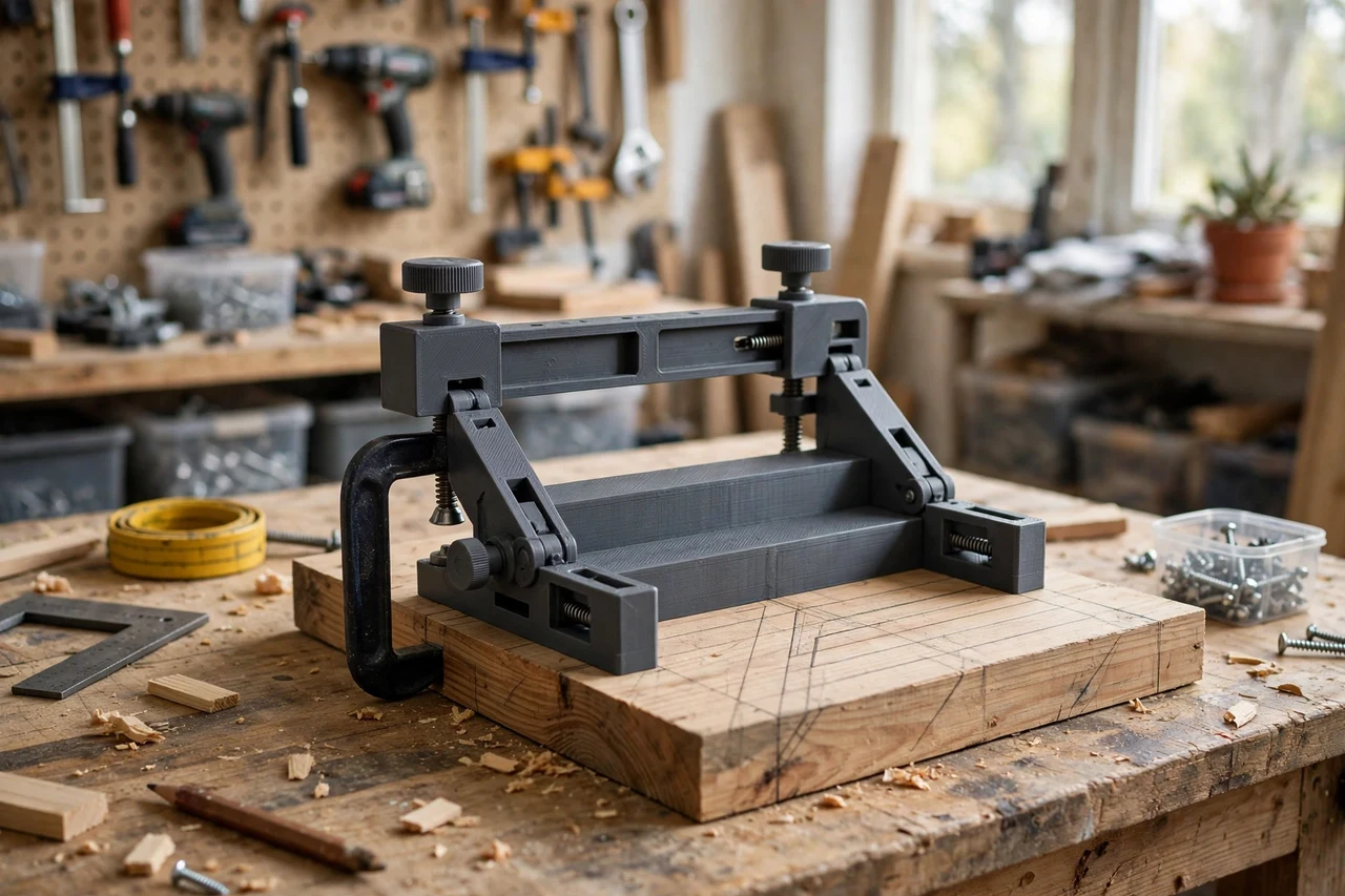 View of the finished 3D printed deck stair layout template in use on a home repair project on a workbench, tidy workshop background in soft focus, bright natural light