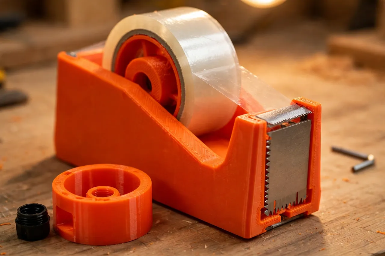 Close-up of a bright-orange 3D printed tape dispenser showing the roll seated on its printed spindle