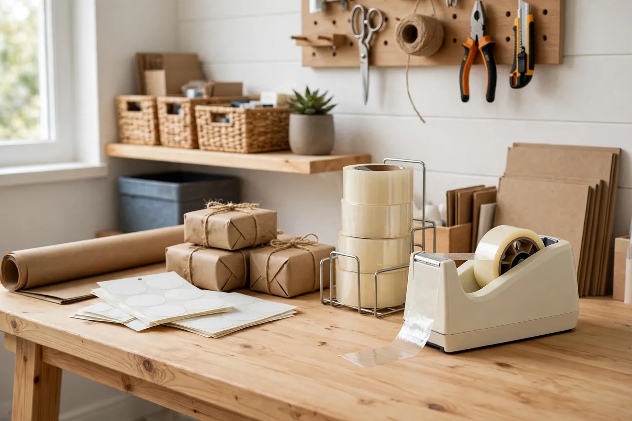 A finished tidy desk and bench corner with the printed tape dispenser in daily use beside stacked tape rolls in a holder