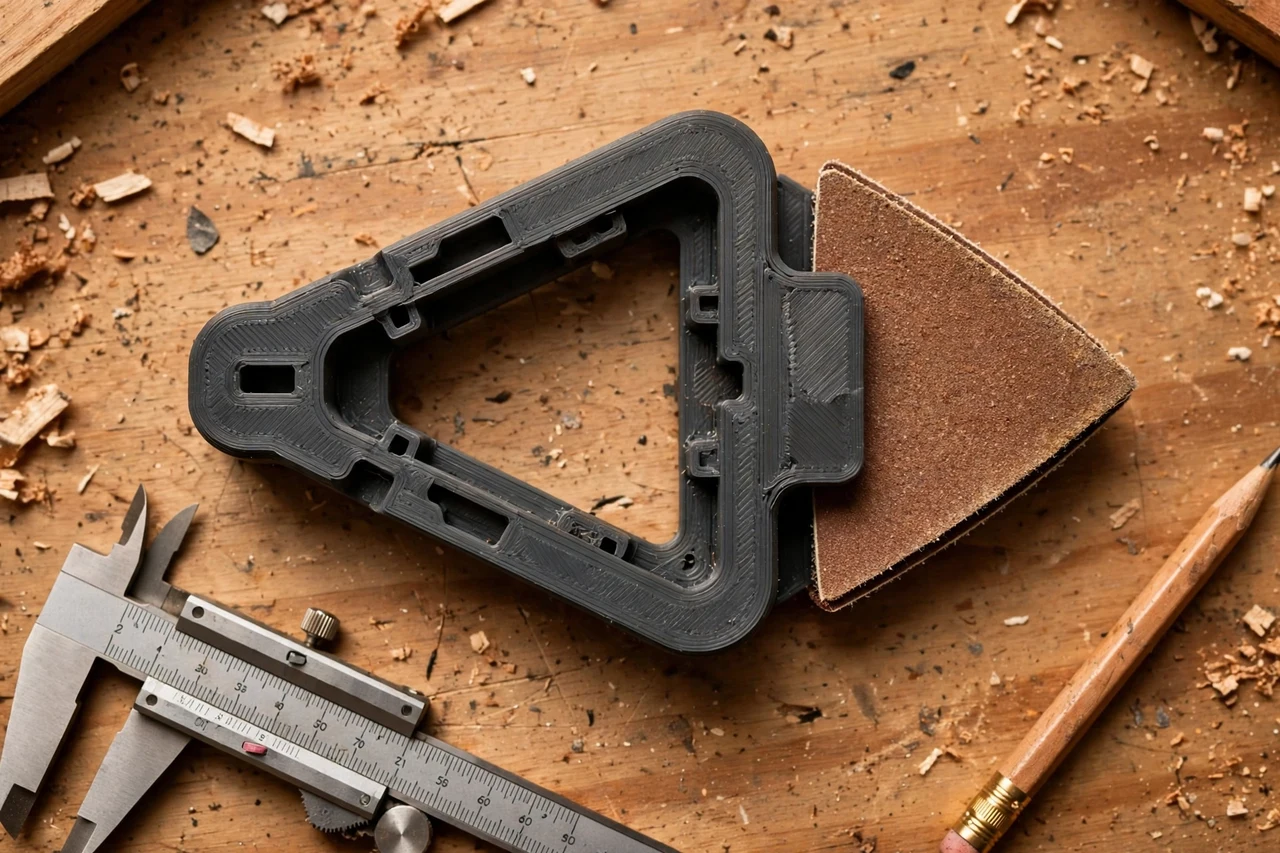 Close-up top-down view of a matte charcoal-gray 3D printed detail sander pad holder being test-fitted against a small detail sander pad for tight corners on a workbench, calipers and a pencil nearby, warm workshop lighting