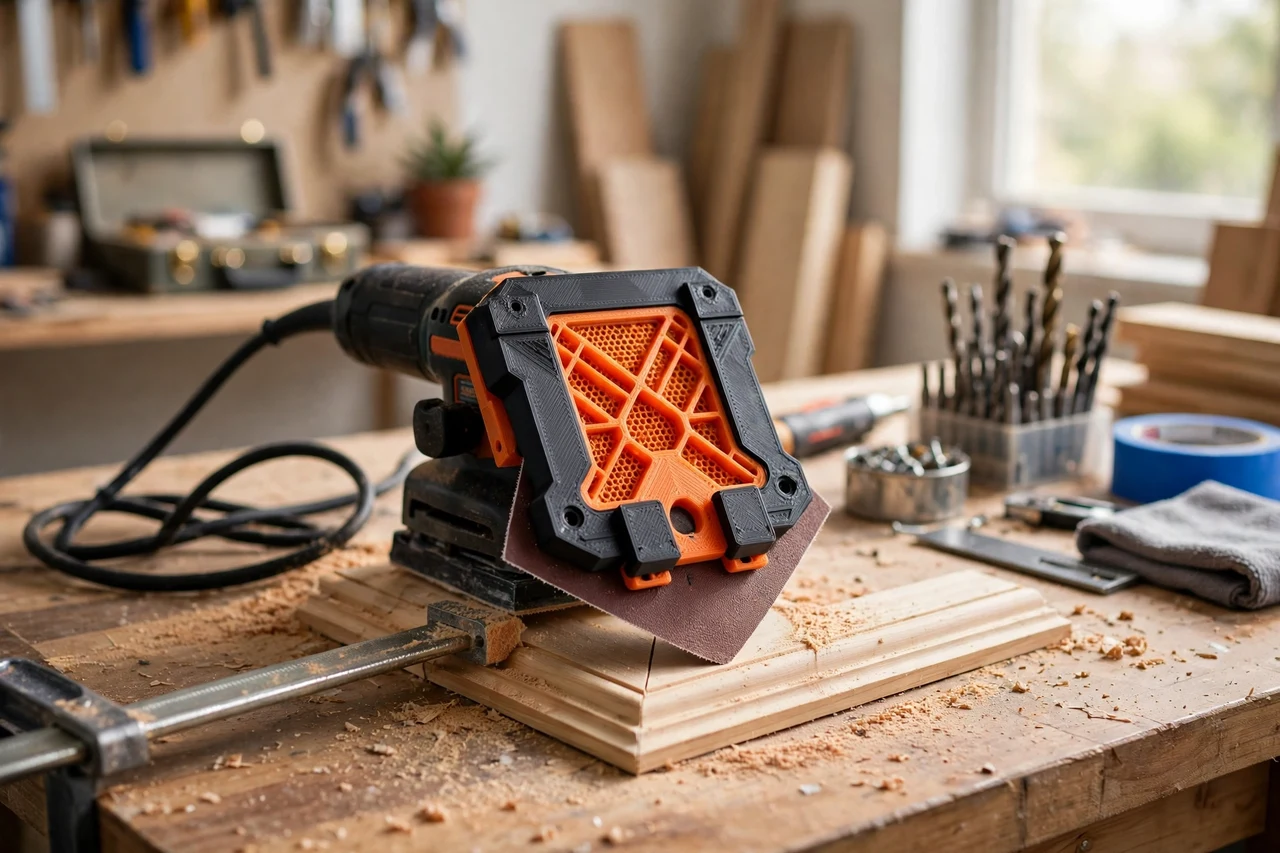 View of the finished 3D printed detail sander pad holder in use on a home repair project on a workbench, tidy workshop background in soft focus, bright natural light