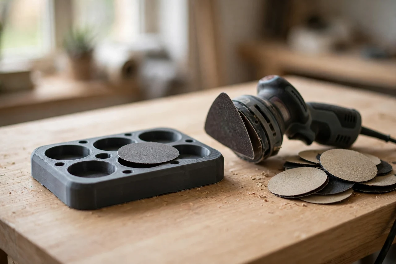 Home workshop scene on a light oak workbench, a matte charcoal-gray 3D printed detail sander pad holder beside a detail sander and spare pads, soft natural window light, shallow depth of field