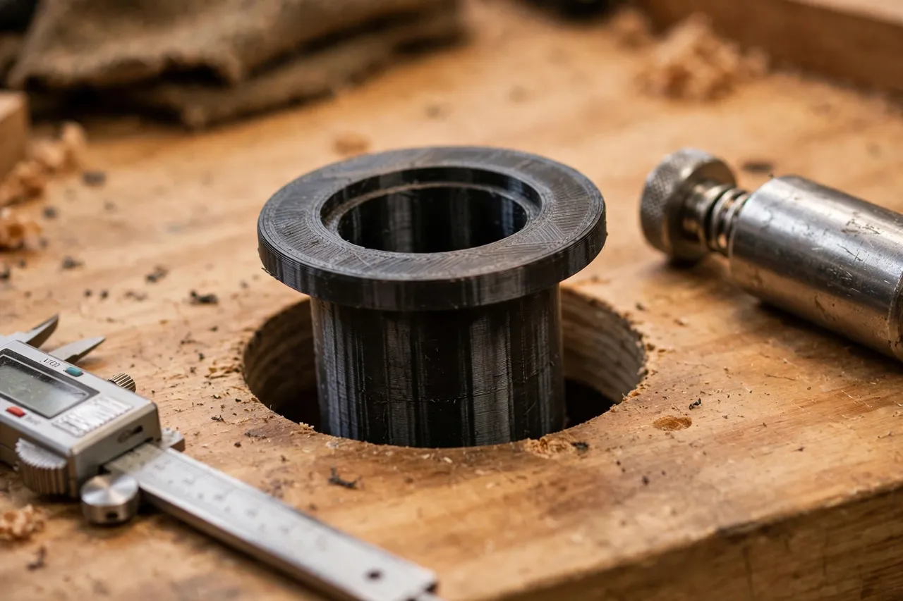Close-up view of a 3D printed dog hole adapter sleeve being pressed into a round dog hole on a workbench top