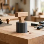 A bright home workshop scene on a thick beech workbench