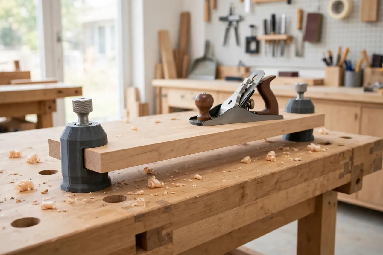 A finished workbench with a wooden board clamped between bench dogs fitted through printed adapter sleeves