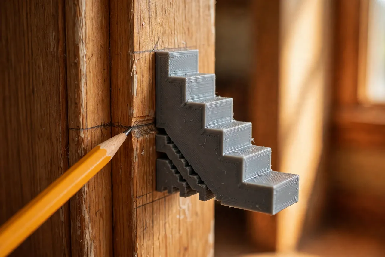 Close-up view of a 3D printed reveal gauge with a stepped edge registering against a wooden door jamb while a pencil marks the casing line