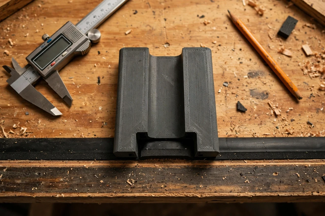 Close-up top-down view of a matte charcoal-gray 3D printed door draft strip guide being test-fitted against door draft strip and a door bottom edge on a workbench, calipers and a pencil nearby, warm workshop lighting